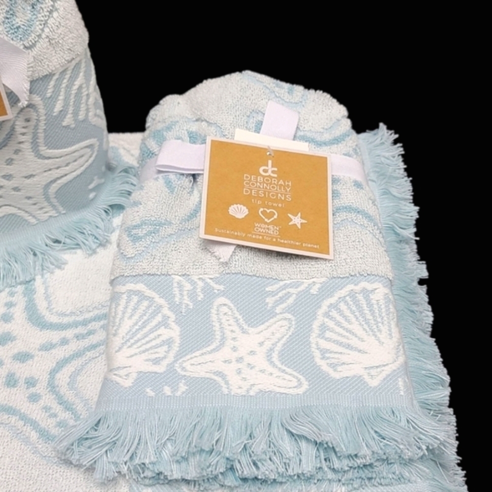 6pc Deborah Connolly Coastal Starfish Scalloped Seashell Bath Hand Tip Towel Set - Picture 3 of 10